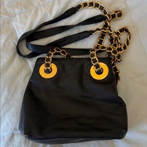 Vintage L.J.S Collection Black Leather Chain Strap Shoulder Bag Gold Hardware